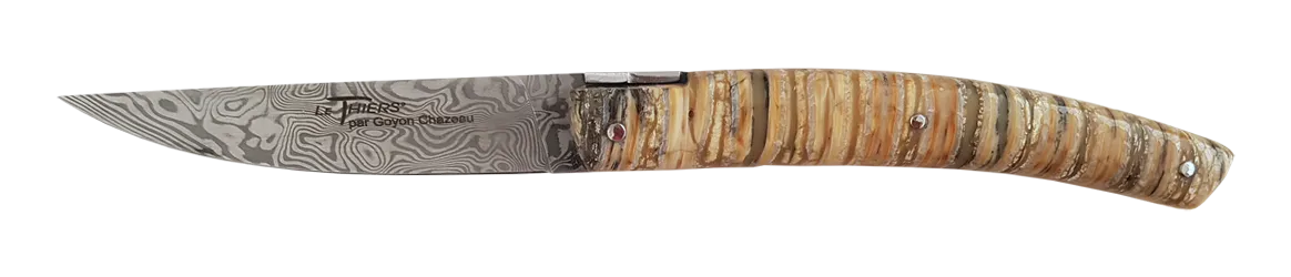 Couteau fermant Le Thiers Pirou, damas, molaire de mammouth 